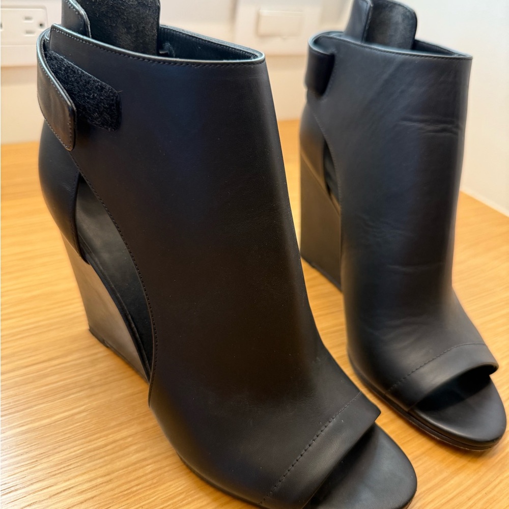 Vince Black Peep-Toe Wedge Booties